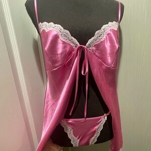 Victoria’s Secret Pink Satin Babydoll Lace Lingerie W/ GString Panty ‘05 Size M
